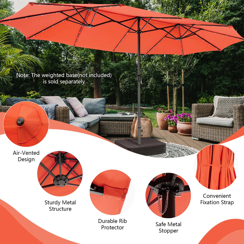 Costway 15FT Twin Patio Double-Sided Umbrella 48 Solar LED Lights Crank Outdoor Beige