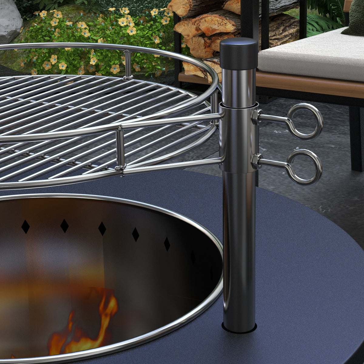 Outsunny 25" Smokeless Fire Pit, 2-in-1 Stainless Steel Firepit with Grill, Portable Wood Burning Fireplace with Poker and Ash Tray, Black