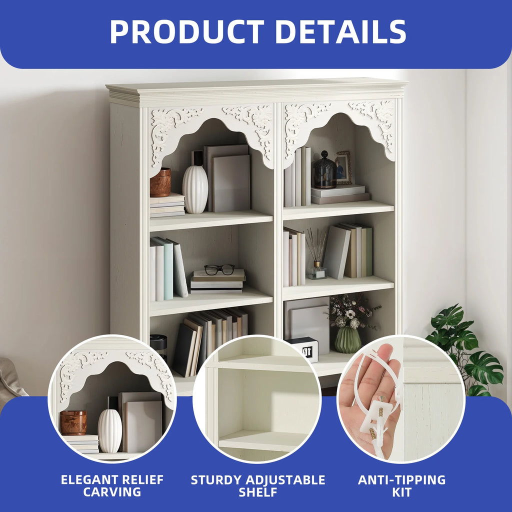 ModFusion 70" Distressed White Bookshelf with Adjustable Shelves and Two Drawers