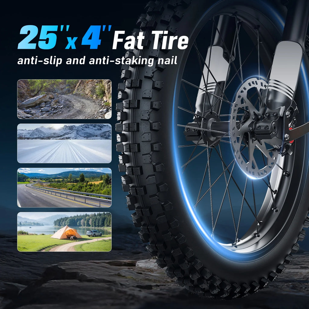 Arkveld Electric Bike for Adults, Peak-3000W, Max 40MPH and 80Miles Electric Motorcycle,25" Fat Tire Dirt Bike, APEX1 7-Speed E-Bike，White