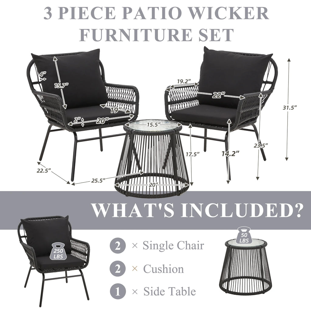 Bezseller 3-Piece Outdoor Wicker Furniture Set, Patio Conversation Set, Gray