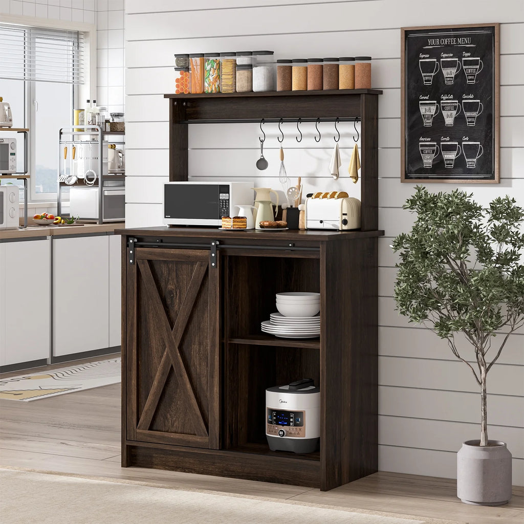 Catrimown Coffee Bar Cabinet, Barn Door Sideboard Buffet Cabinet with Storage, White