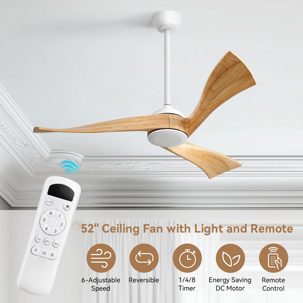 Sofucor 52" Wood Ceiling Fan No Light, 6 Wind Speeds, 3 Blades with Reverse Airflow, Black