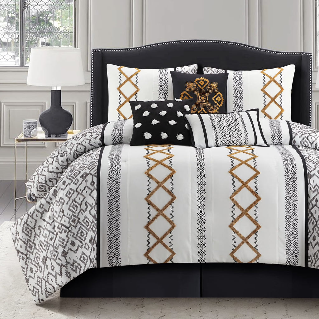 Lanco Luxury 7 Piece Cozy Boho Comforter Set Queen Beige Embroidered Girls Bedding, Premium Microfiber, All Season Home Décor
