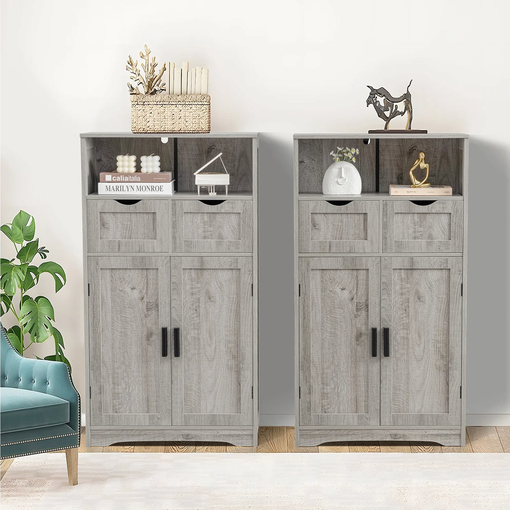 FANGSUM Rattan Storage Cabinet with 2 Drawers & 2 Shelves, Floor Cabinet for Living Room