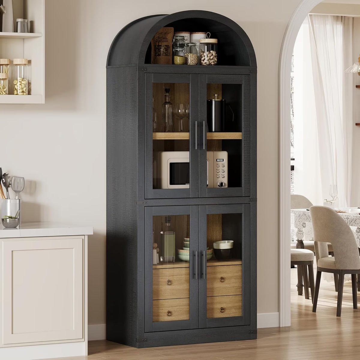 Arched Kitchen Pantry Storage Cabinet with 2 Drawers, 71-Inch Tall Farmhouse Wood Bookcase with 4 Doors for Kitchen Dining Room Bathroom