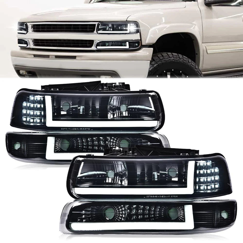 G-Plus LED DRL Headlights+Bumper Lamps Smoked Fit for 1999-2002 Chevy Silverado 2000-2006 Tahoe