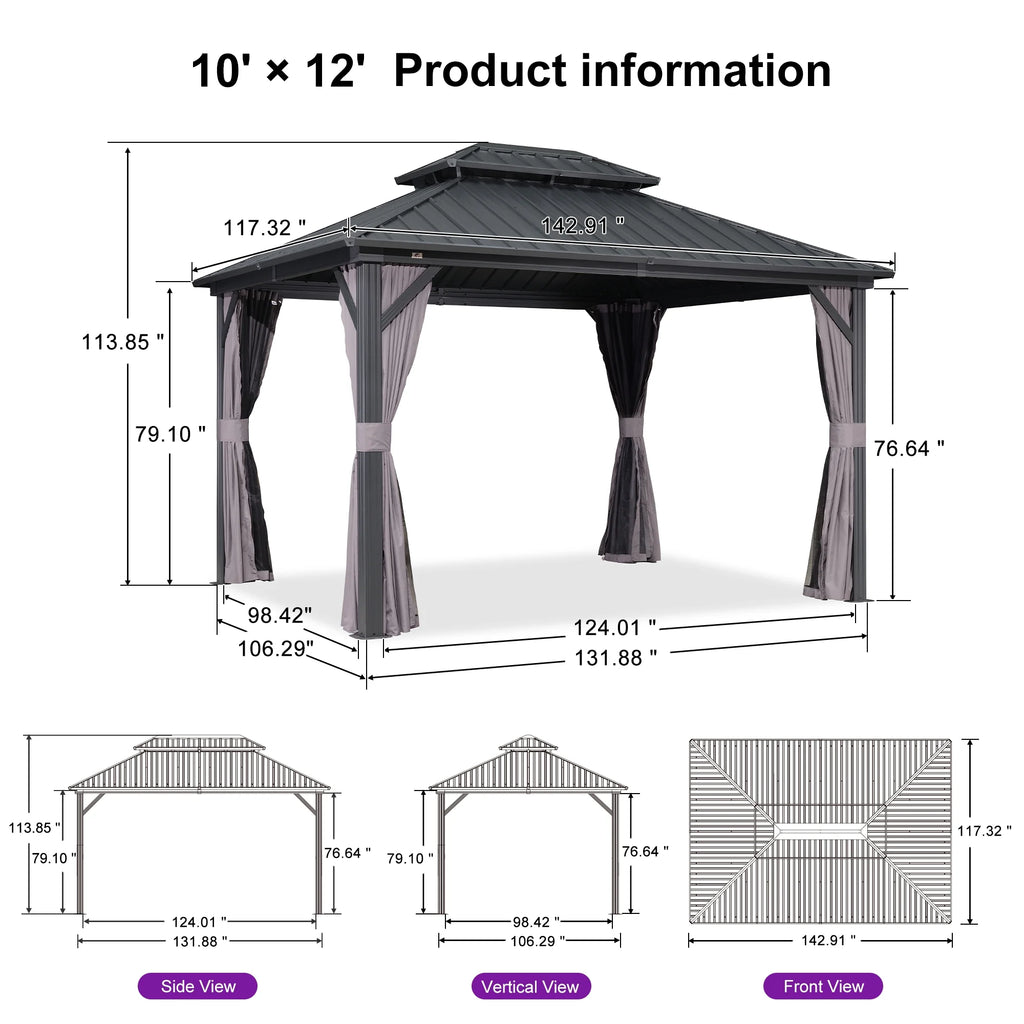 PURPLE LEAF 8' X 8' Gazebo Outdoor Gazebo Permanent Hardtop Gazebo with Galvanized Steel Double Roof for Patio Backyard Deck Aluminum Gazebo with Netting and Curtains Grey