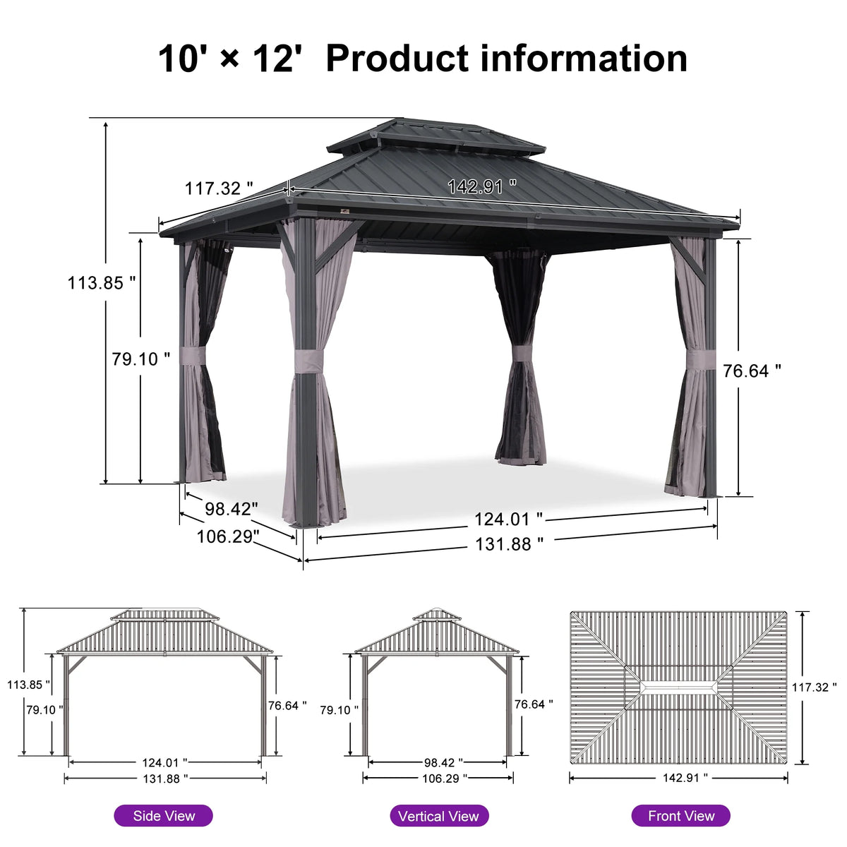 PURPLE LEAF 8' X 8' Gazebo Outdoor Gazebo Permanent Hardtop Gazebo with Galvanized Steel Double Roof for Patio Backyard Deck Aluminum Gazebo with Netting and Curtains Grey