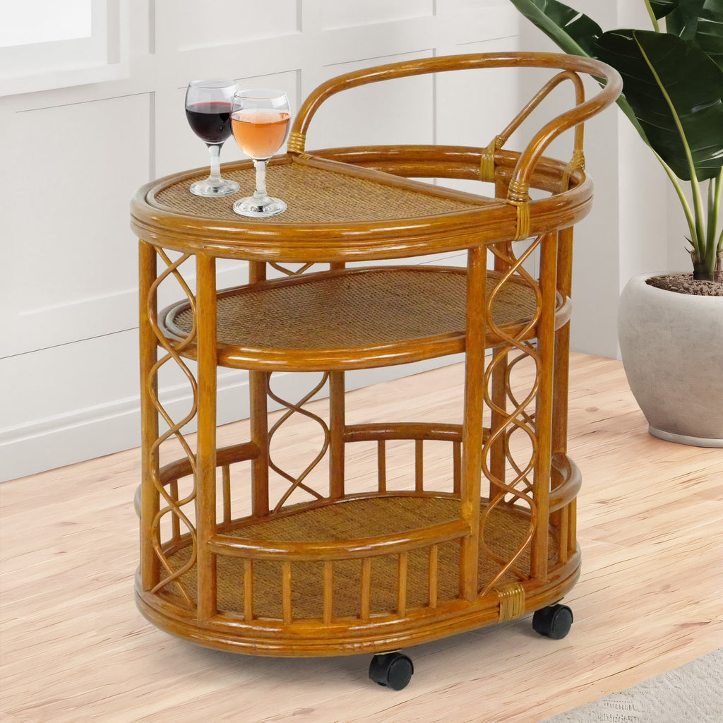SK New Interiors Trolly Moving Serving Cart Bar Table ECO Natural Rattan Wicker Handmade, Colonial