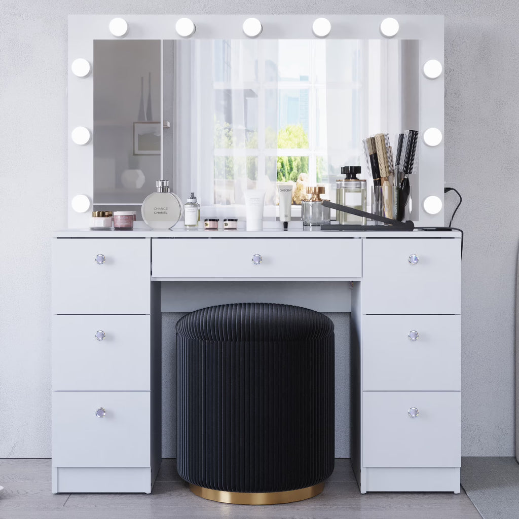 Ember Interiors Ibbie White Makeup Vanity with Glass Top, Lights, Charging Station