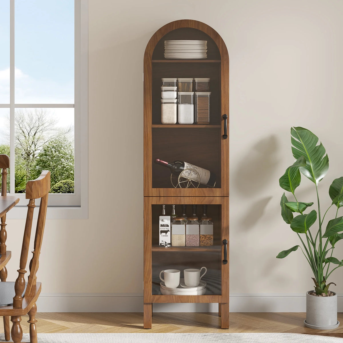 Tall Arched Storage Display Cabinet 5-Shelf with Acrylic Glass Doors, Kitchen Pantry Storage Cabinet Accent Cabinet Bookcase for Living Dining Room