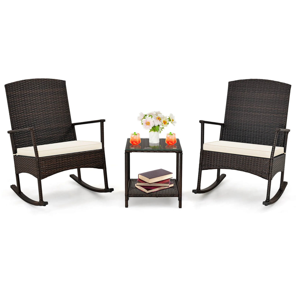Costway Serenity 3 Piece Patio Rocking Wicker Rockers with White Cushions 2 Tier Coffee Table