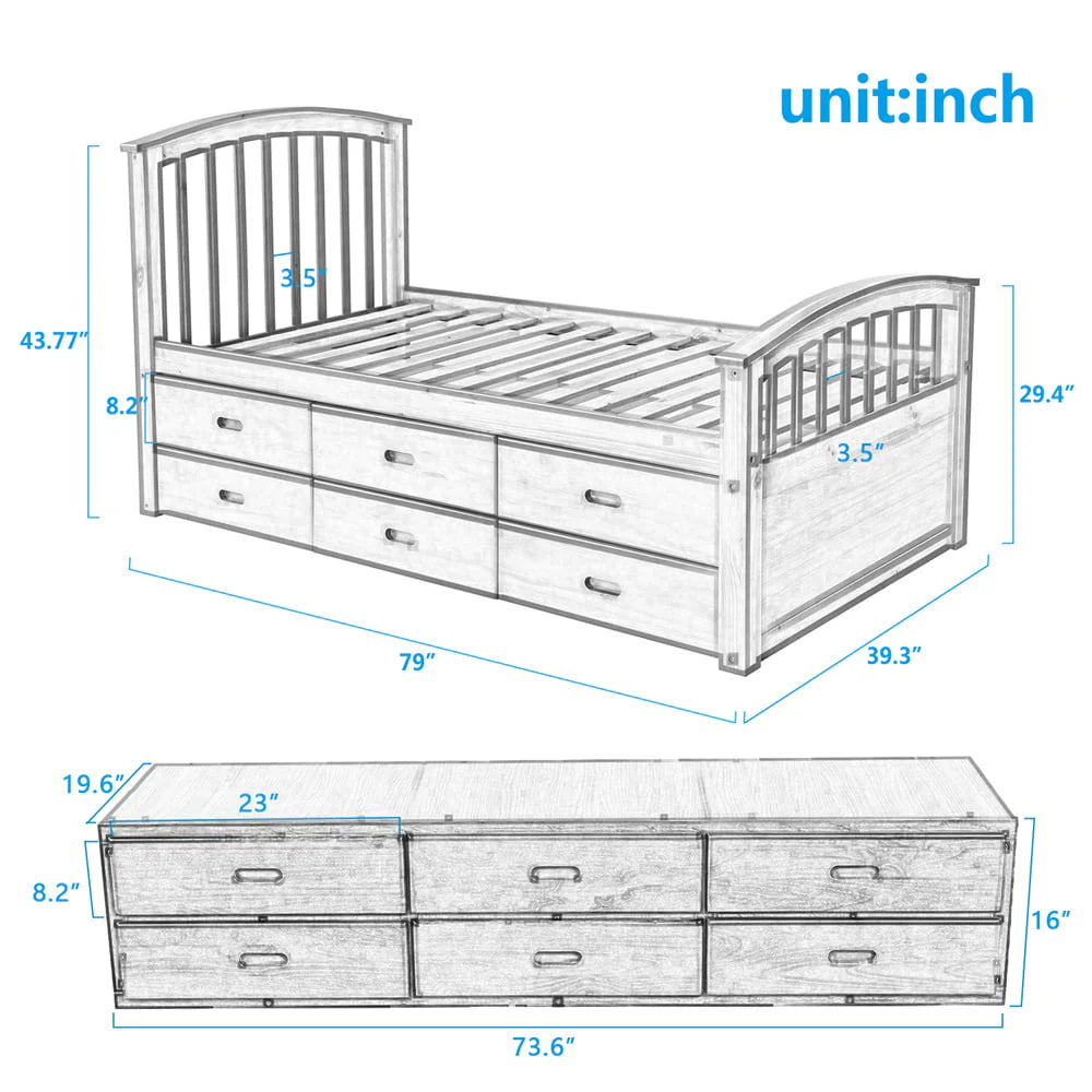 Twin Size Platform Bed with 6 Storage Drawers, Solid Wood Platform Bed Frame with Headboard and Footboard, Heavy Duty Daybed Captain’s Bed for Boys Girls Wood Slats Support, No Box Spring Need, Oak