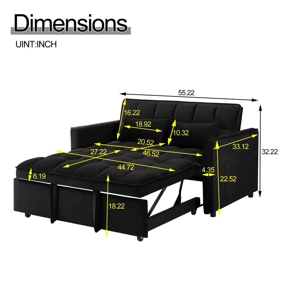 Convertible Sofa Bed,3-in-1 Sleeper Sofa with Pull Out Bed,Sleeper Futon Couch Loveseat with Adjsutable Backrest and Pillows for Living Room,Black