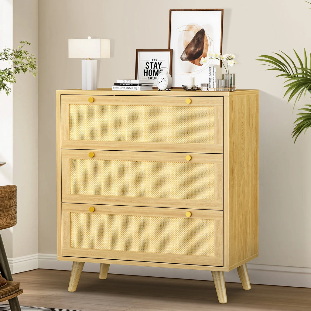 Capri 3 Drawer Dresser, Rattan Storage Wide Chest of Drawers, Night Stand Storage Cabinet for Women, Kids, Baby, Nursery, Girls, Bedroom Living Room Furniture, Natural