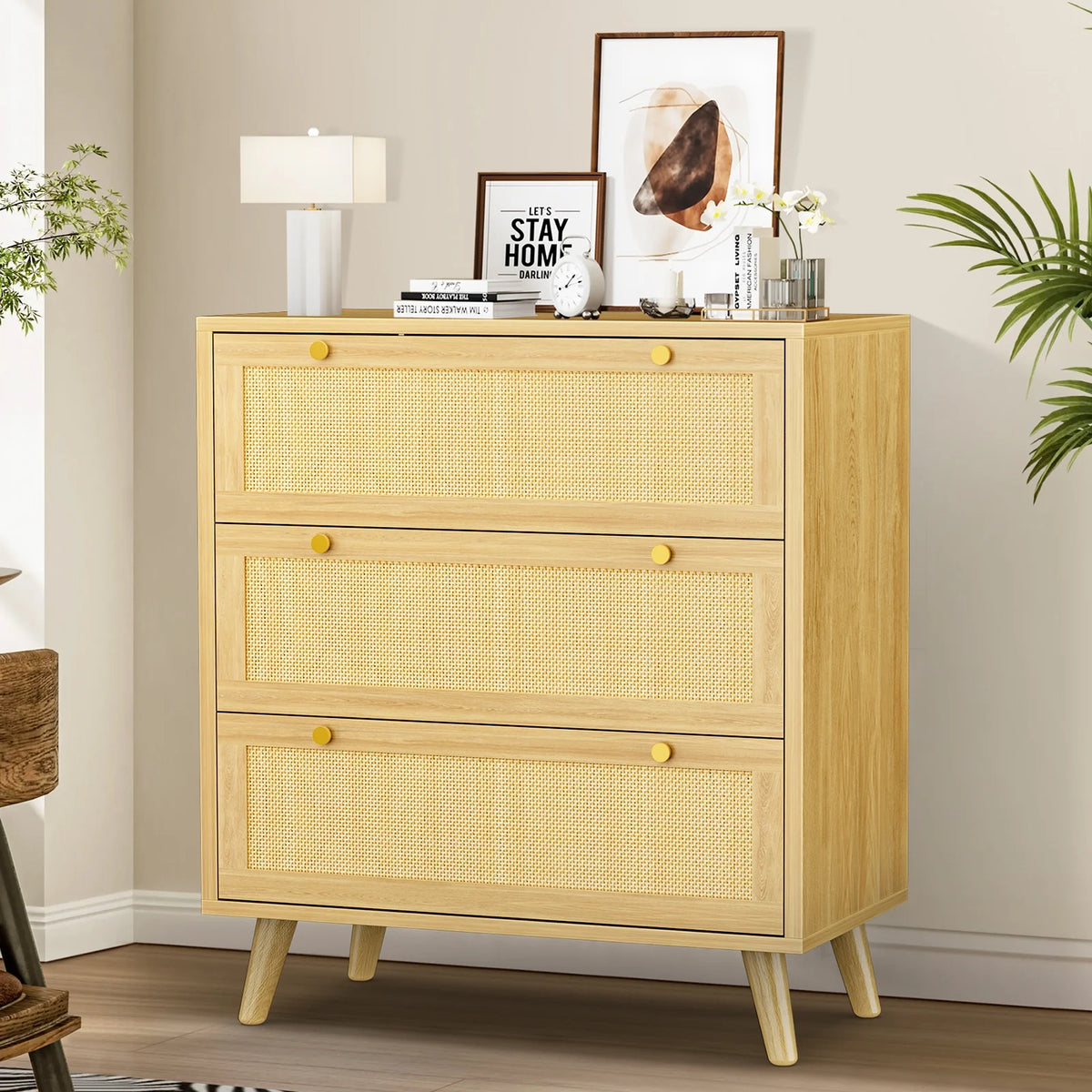 Capri 3 Drawer Dresser, Rattan Storage Wide Chest of Drawers, Night Stand Storage Cabinet for Women, Kids, Baby, Nursery, Girls, Bedroom Living Room Furniture, Natural
