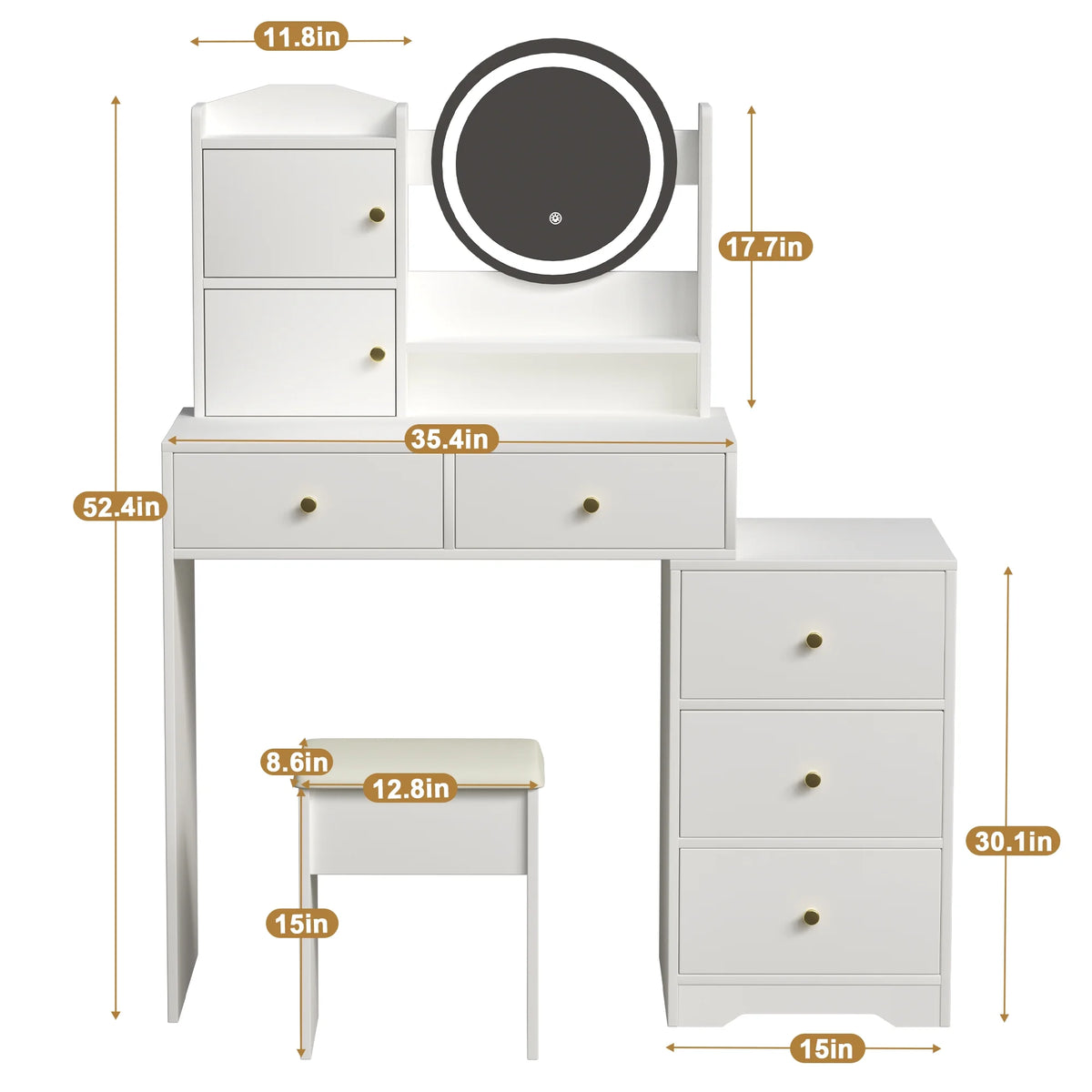 Montary Modern Mini Vanity w/Adjustable LED Mirror + Hidden Storage, Padded Stool & Dustproof Shelves (White)