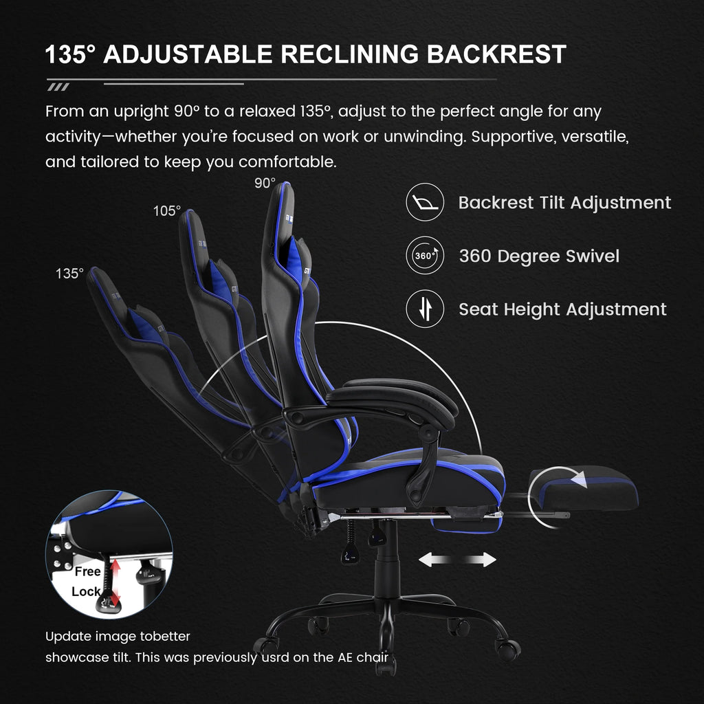 GTRACING GTWD-200 Ergonomic Gaming Chair with Adjustable Pillows and Footrest , White