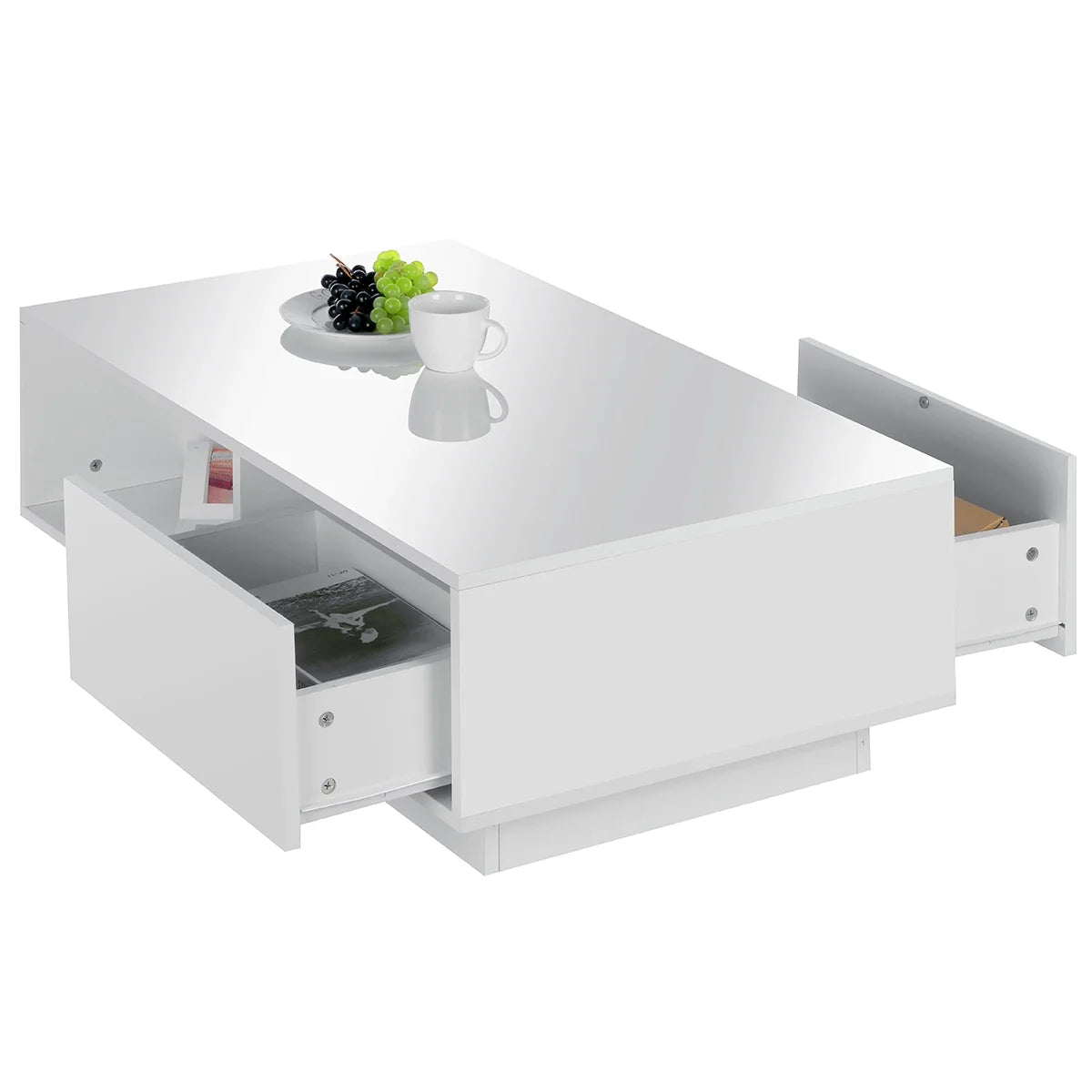 Hommpa LED Coffee Table Modern Side Tables High Gloss Black Cocktail Table with 2 Drawers Open Shelf for Living Room