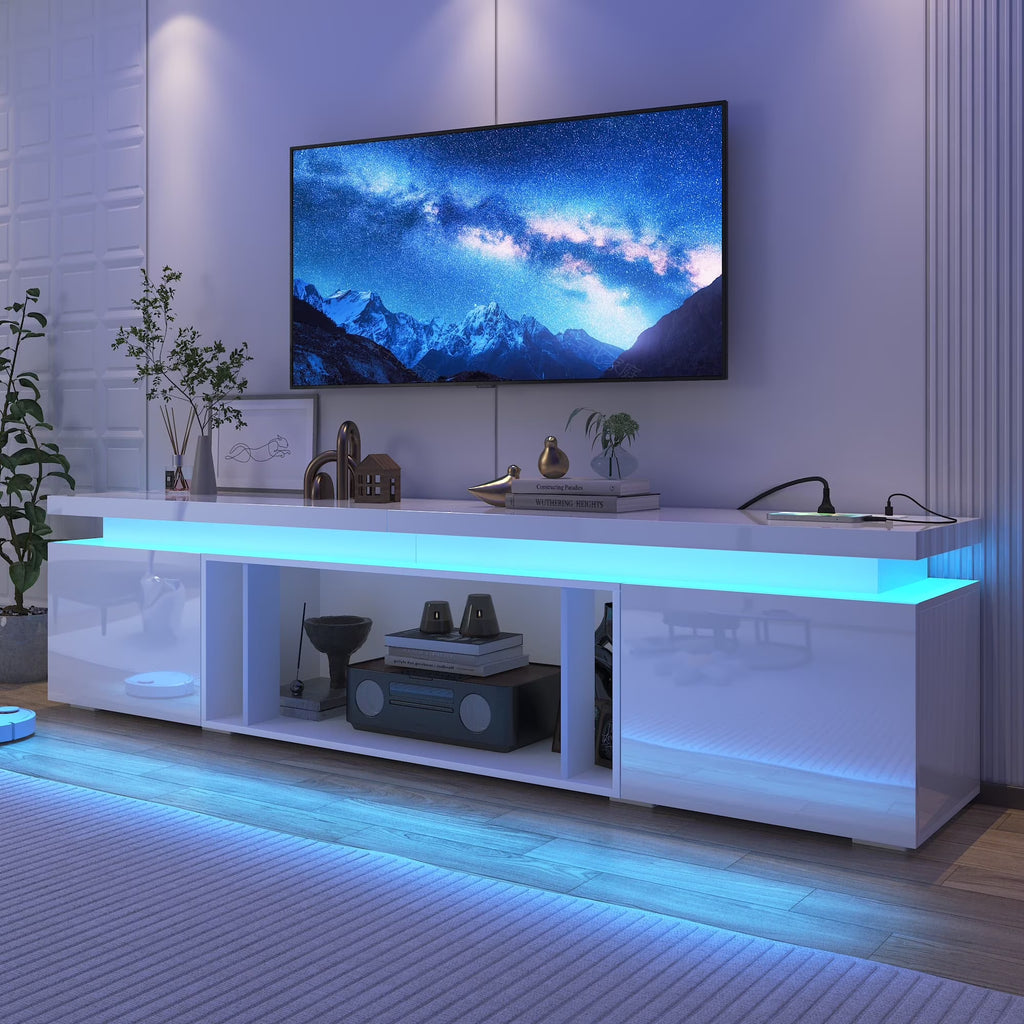 Blotout High Gloss LED TV Stand for up to 80" TVs /40" Electric Fireplace, 71" Large Entertainment Center Console Table with Power Charging Station