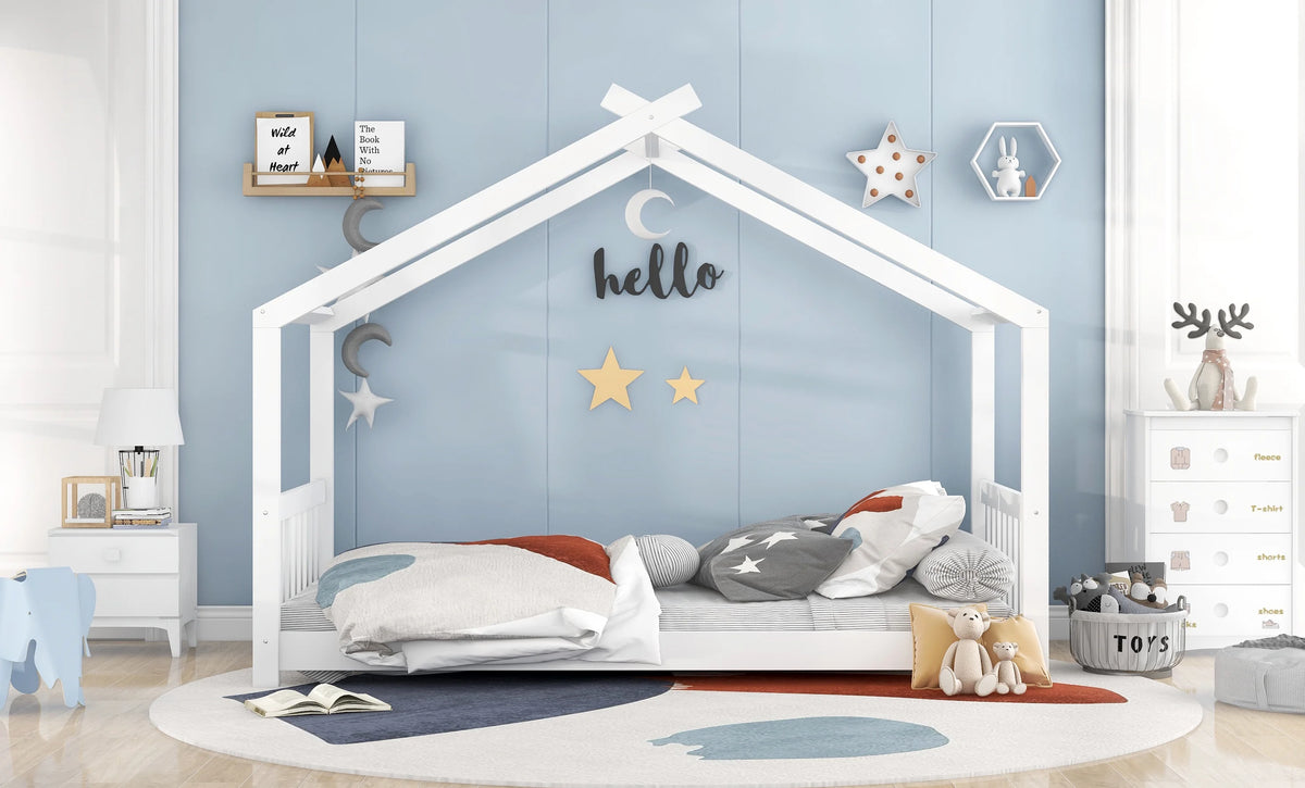 Euroco Wood House-Shaped Twin Platform Bed for Kids, Low Profile House Bed, No Box Spring Needed, Wood Color
