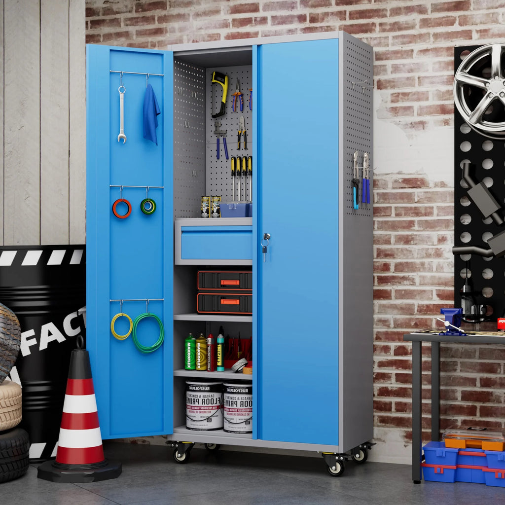 SUPEER 71" Metal Storage Cabinets with Wheels and Pegboards, Industrial Cabinet with 2 Drawers and 2 Adjustable Shelves,, Assembly Required