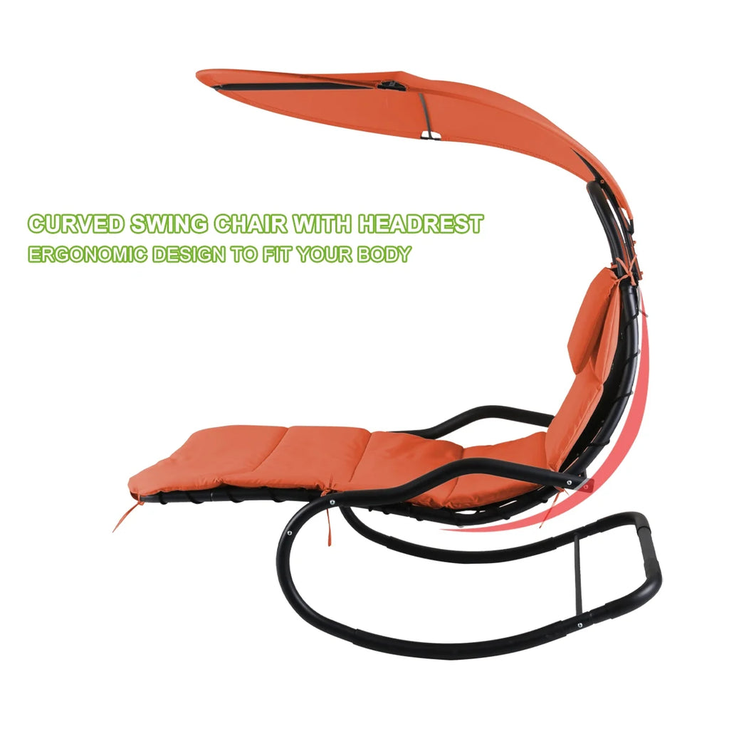 2X Rocking Hanging Lounge Chair - Curved Chaise Rocking Lounge Chair Swing For Backyard Patio w/ Built-in Pillow Removable Canopy with stand {Green}