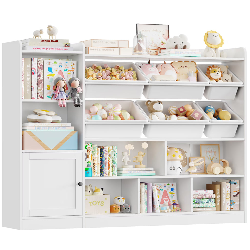 Hiphuta 55"In Kids Bookcase with Toy Storage Organizer, Wood Cube Bookcase Toy Chest of 8 Compartments & 6 Movable Bins, Bookshelf for Kids Bedroom, White