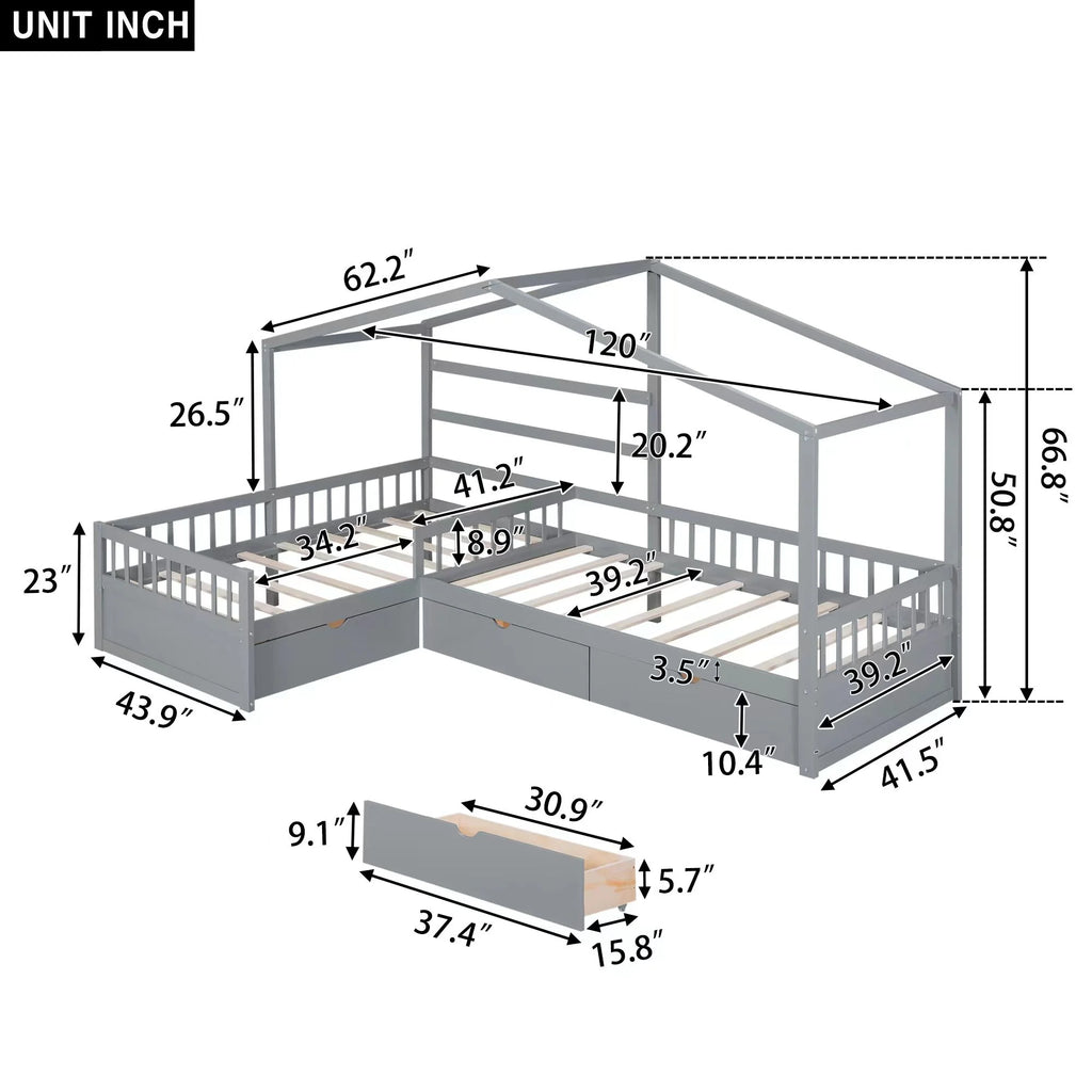 Bellemave House Bed Double Twin Beds, Wood L-Shape Twin Bed with 3 Storage Drawers, Montessori Bed with Roof and Fencefor Toddler Kids Girls Boys (White)