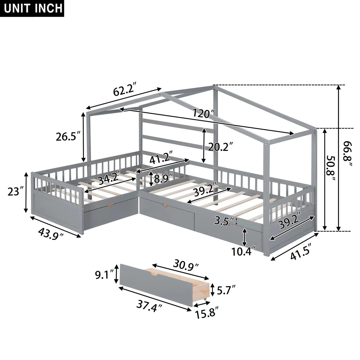 Bellemave House Bed Double Twin Beds, Wood L-Shape Twin Bed with 3 Storage Drawers, Montessori Bed with Roof and Fencefor Toddler Kids Girls Boys (White)