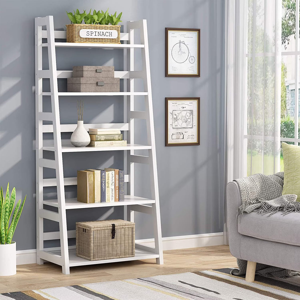 Tribesigns 5 Shelf Ladder Bookshelf Bookcase with Storage, Modern Etagere Bookcase for Living Room , Wood & Metal