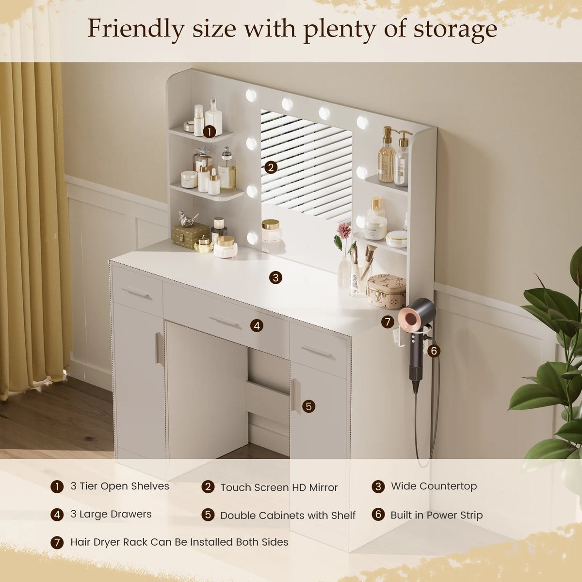 MCQ Dressing Table with Mirror and Light, Adjustable Brightness Dressing Table with Drawers and Storage Shelves, White