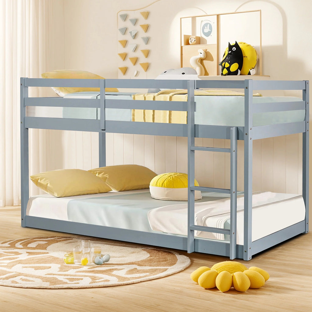 Twin Over Twin Floor Bunk Bed, UHOMEPRO Solid Wood Low Bunk Bed with Safety Rail, Ladder, Heavy Duty Bunk Beds, Space-Saving Bedroom Dorm Furniture, Gray