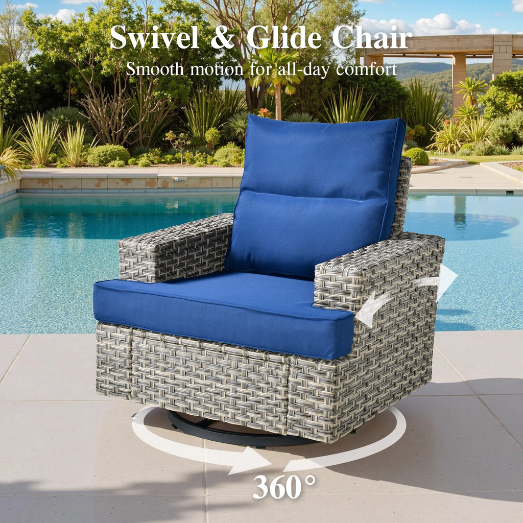 Ovios 10 Pieces Outdoor Patio Furniture Modern High-Back All-Weather Wicker Sectional Conversation Set with Propane Fire Pit Table & Swivel Chair, Dark Gray