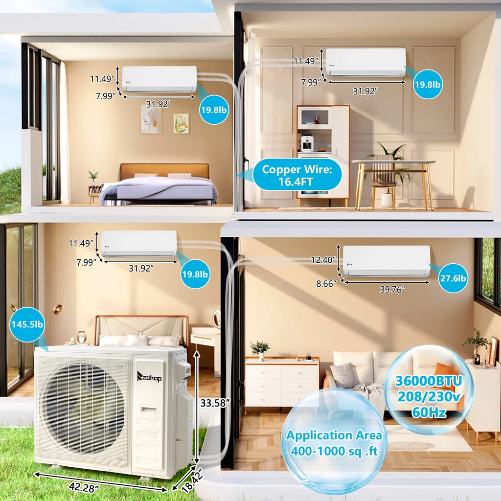 Ktaxon 2 Zone 9000 + 9000 BTU WIFI Mini Split AC/Heating System, 19 SEER2 Dual Zone 18000 BTU Ductless Split Air Conditioner with Pre-Charged Condenser, Heat Pump & 25Ft Installation Kit, 208-230V