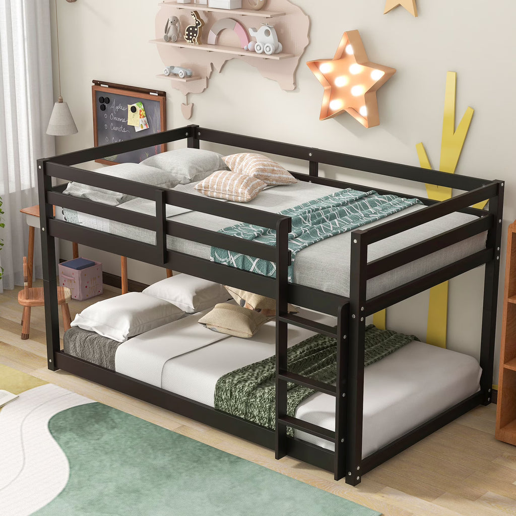 Twin Over Twin Floor Bunk Bed, UHOMEPRO Solid Wood Low Bunk Bed with Safety Rail, Ladder, Heavy Duty Bunk Beds, Space-Saving Bedroom Dorm Furniture, Gray