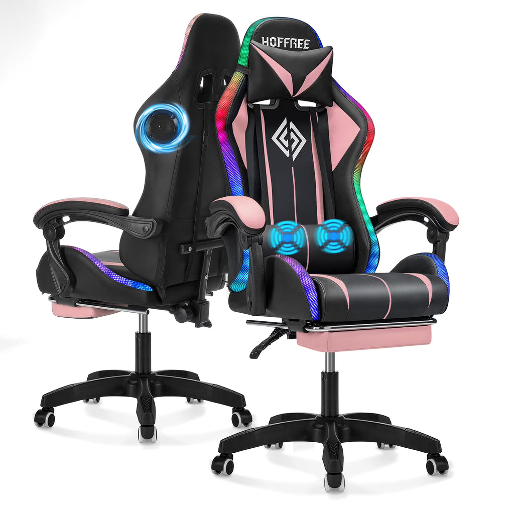 Hoffree Gaming Chair with Bluetooth Speakers and Footrest Massage Office Chair with LED Lights Ergonomic Game Chair High Back with Lumbar Support and Headrest Adjustable Swivel for Adults 300lb
