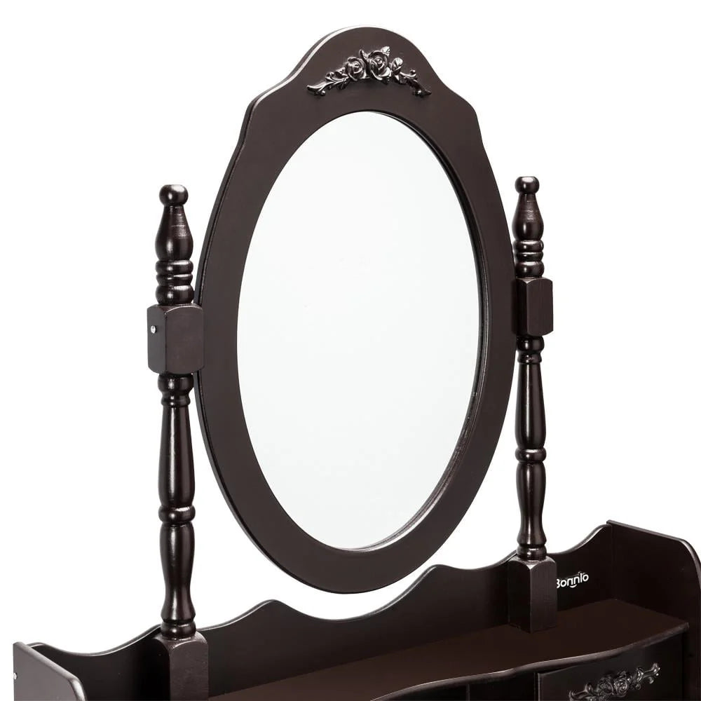 UBesGoo 4 Drawer Vanity Makeup Dressing Table Set w/Stool&Mirror Jewelry Wood Brown