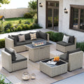 MRUAKA 8 Pieces Patio Furniture Set with Fire Pit Table, Outdoor Furniture Sectional Rattan Sofa with Slanted Back, Patio Couch with Glass Coffee Table for Backyard Garden (Dark Grey)