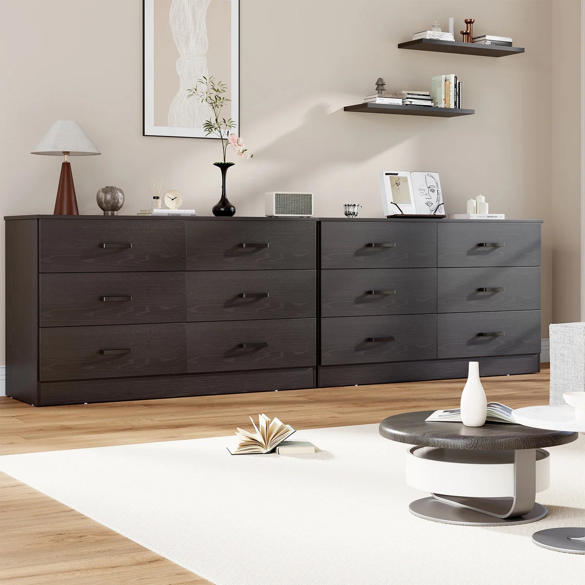 Winkalon 6 Drawer White Double Dresser, Wood Storage Cabinet with Easy Pull Out Handles for Living Room,Chest of Drawers for Bedroom