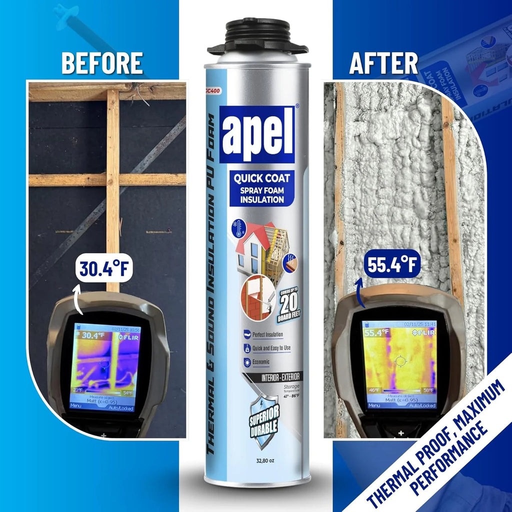 apel Spray Foam Insulation Kit (12 x 32.80 oz./240 Bd ft) Heat and Acoustic Insulation, Self Expanding Polyurethane Foam, Application Gun and Cleaner Included - 12 Pack