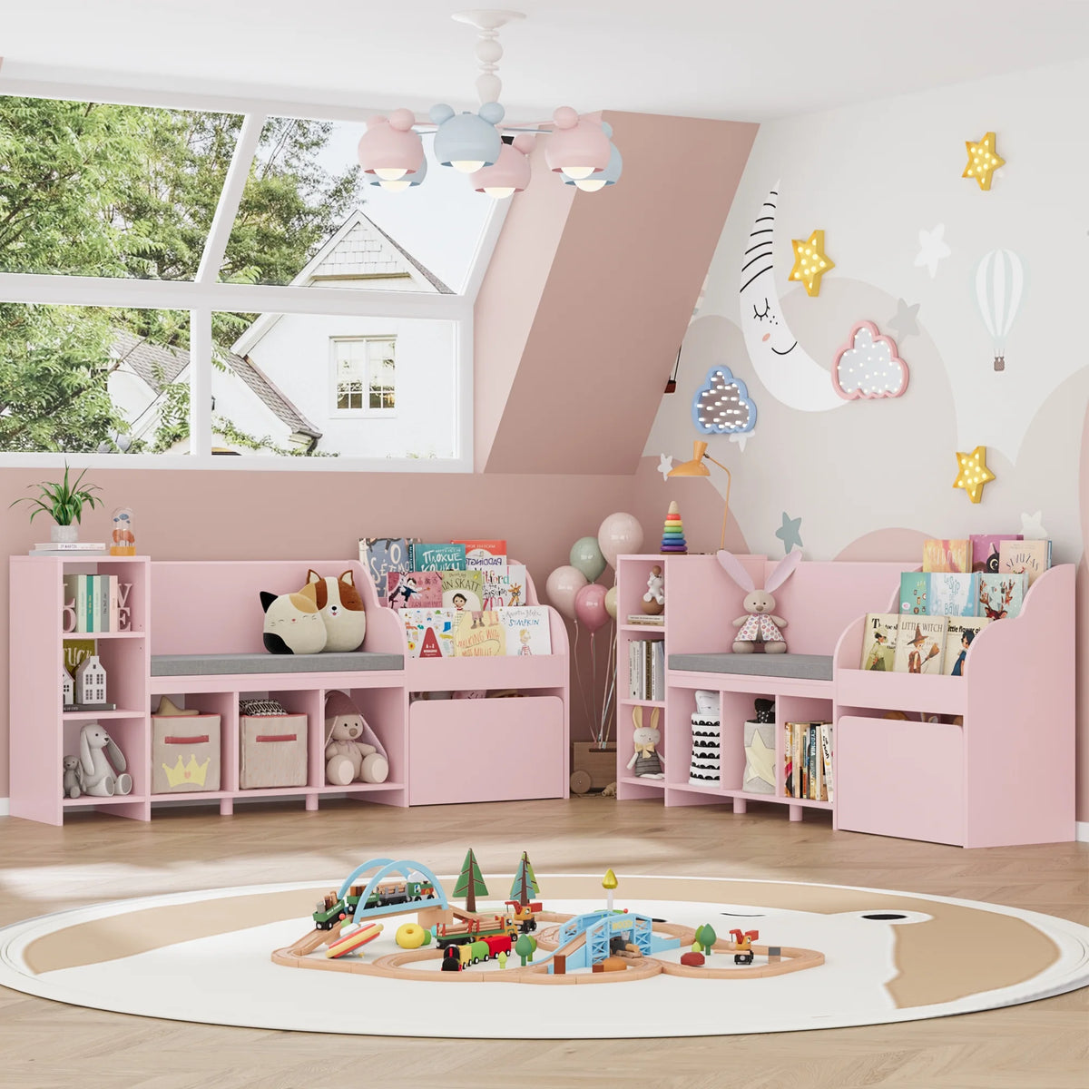 Homfa Kids Bookshelf with Reading Nook, 6 Shelf Bookcase with 1 Wood Toy Bin with 3 Tier Book Rack for Children Kidsroom