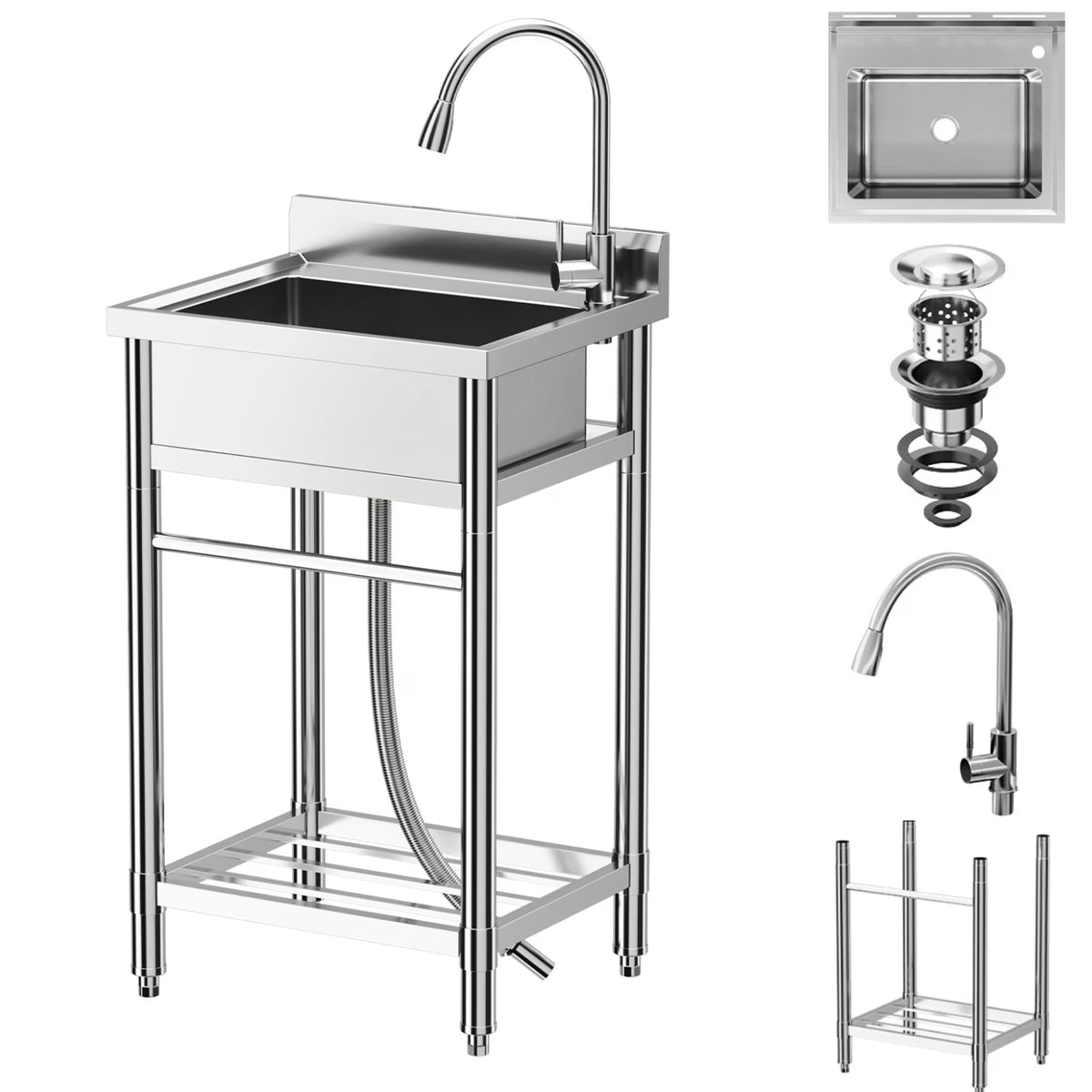 Garvee Utility Sink,24"Dx20"Wx41"H,Stainless Steel Sink with Hot & Cold Hoses,Storage Shelve,Faucet for Kitchen,Laundry Room,Backyard,Garage