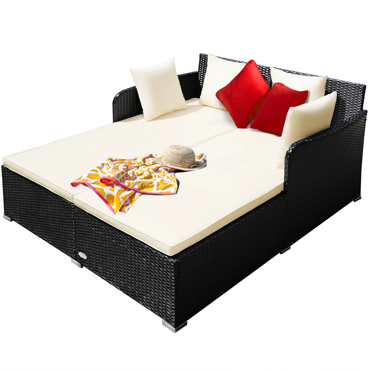 Costway Outdoor Patio Rattan Daybed Pillows Cushioned Sofa Furniture Beige