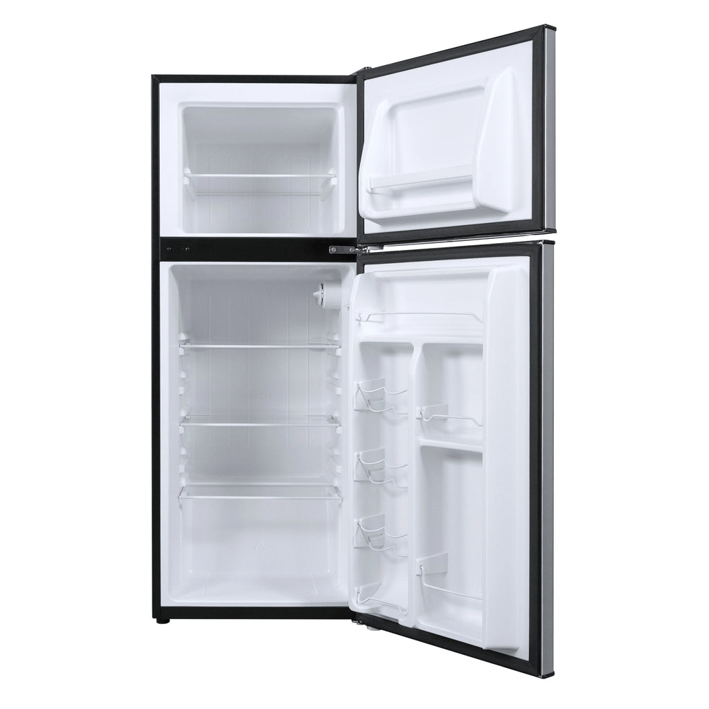 Galanz 4.6. Cu ft Two Door Mini Refrigerator with Freezer, Stainless Steel, New, Width 19.13"