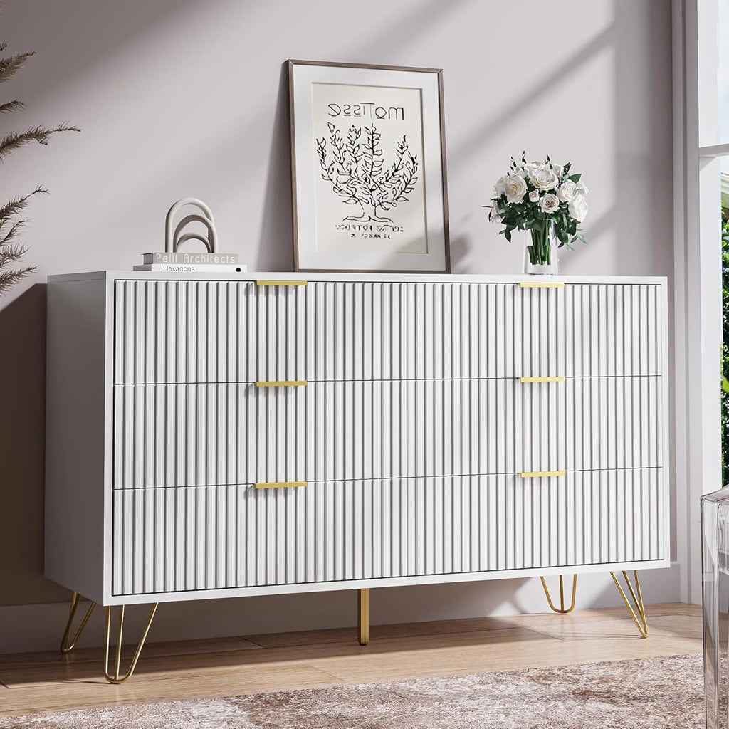FURNIWAY White 6 Drawer Dresser for Bedroom, Modern Dresser with Gold Metal Handles,Fluted Wood TV Stand for Living Room, Hallway