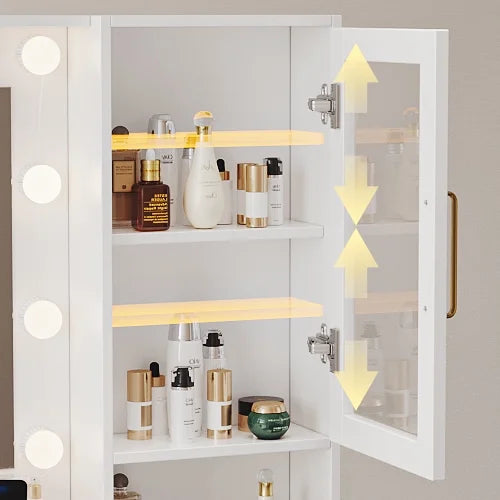 UGTOO 58.3" White Vanity Desk with Mirror, Adjustable Lighting, Power Outlet, Drawers, with Stool