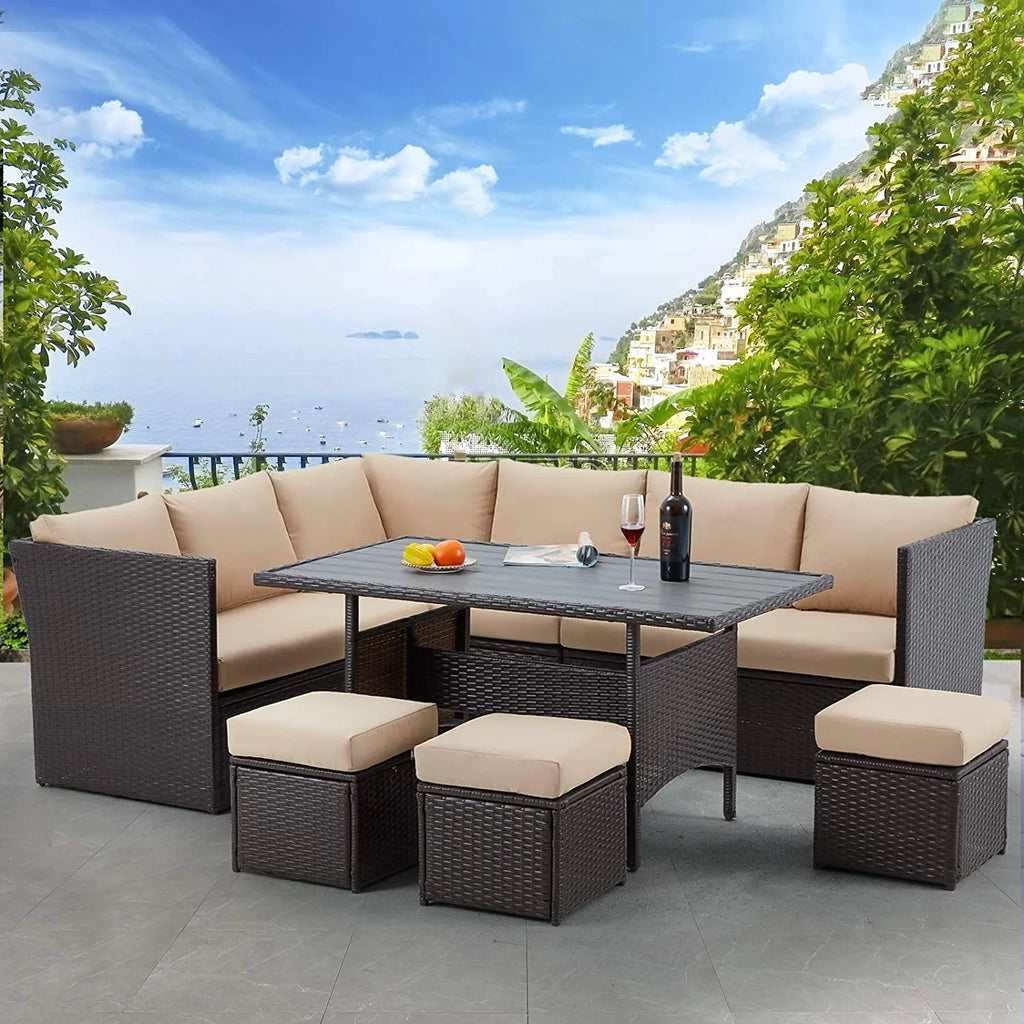 AECOJOY 7 Piece Patio Furniture Set PE Rattan Outdoor Dining Set Sectional Sofa Couch with Table Patio Conversation Set in Gray