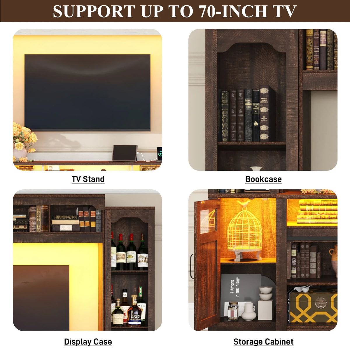 Farmhouse Wall Unit TV Stand with Storage for TVs up to 75", Large Entertainment Center with Bookshelves, LED Light & Power Outlet for Living Room
